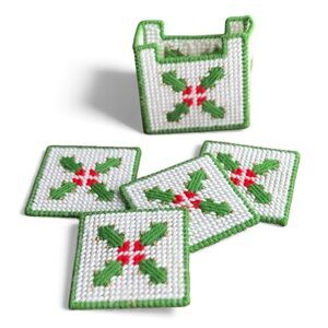 Holiday Coaster Set Christmas Holly Needlepoint